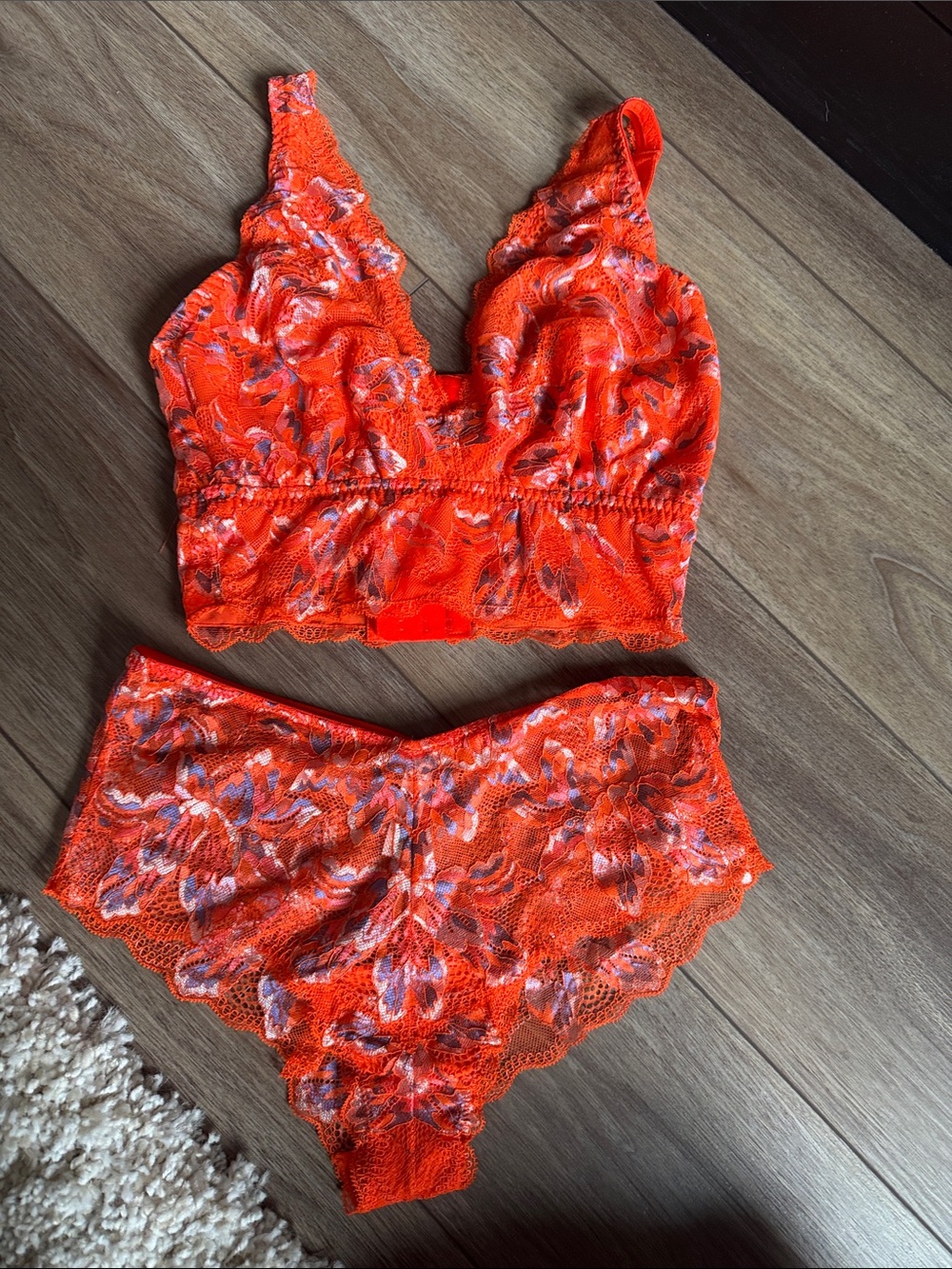 Cosabella Bright Orange Floral Lace Bralette & Brief Set